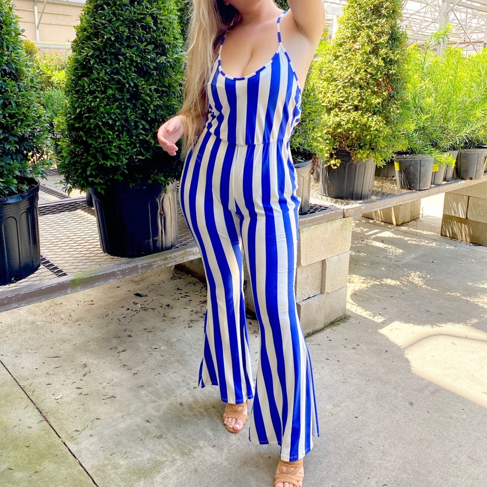 Plus Size Striped Blue and White Jumpsuit Racrback
